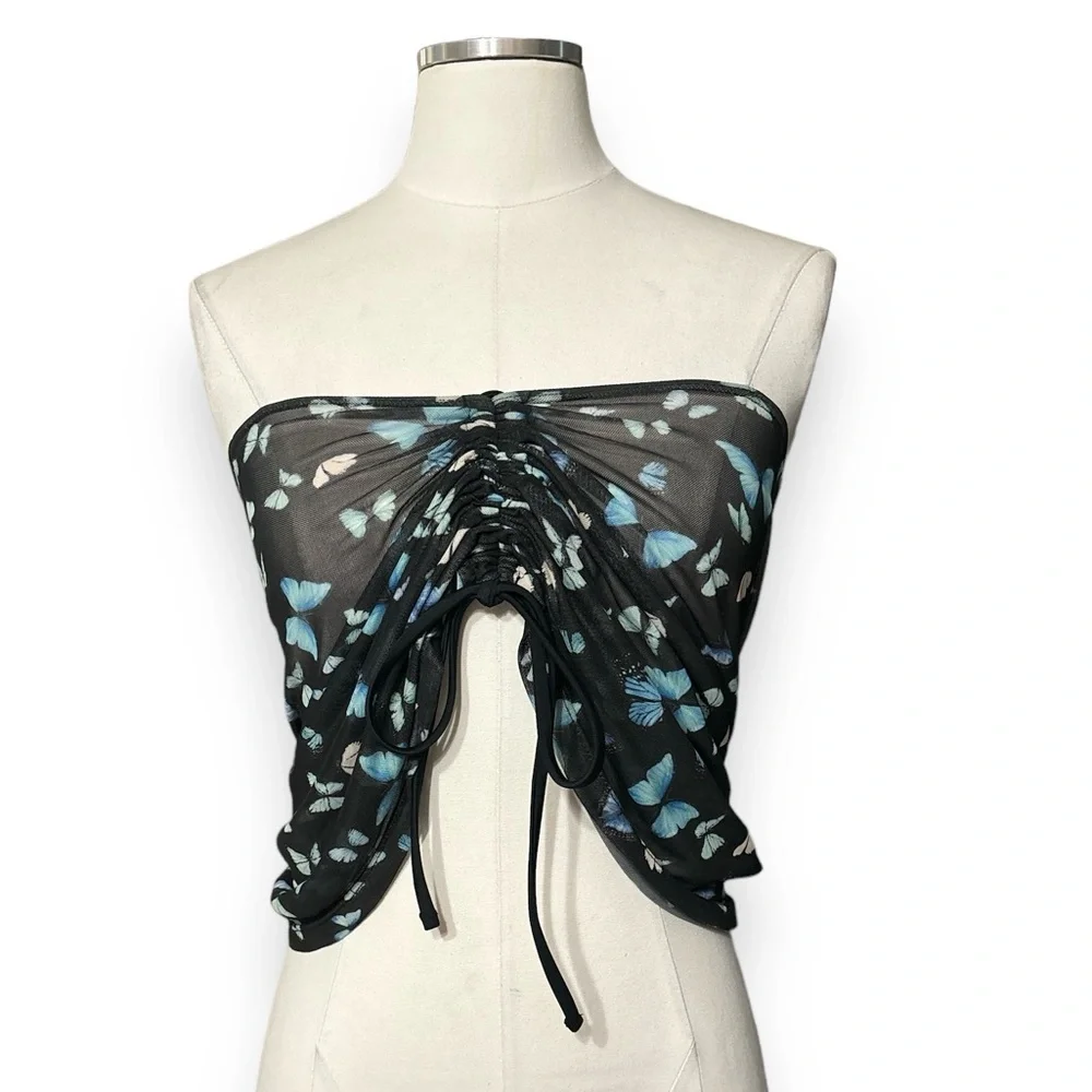 Butterfly print Mesh Cover Up with Drawstring Detail